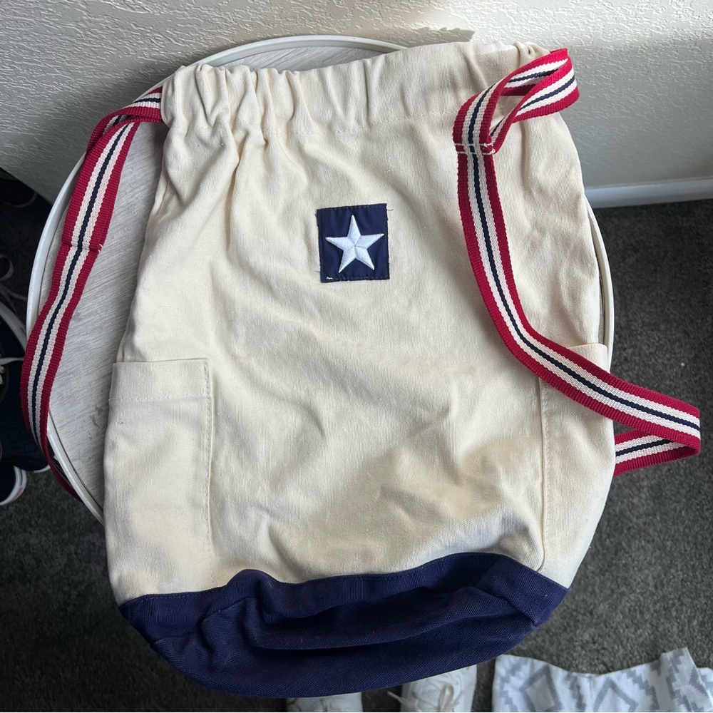 Cream and Navy Drawstring Backpack with Star Patch / patriotic/ 4th of July